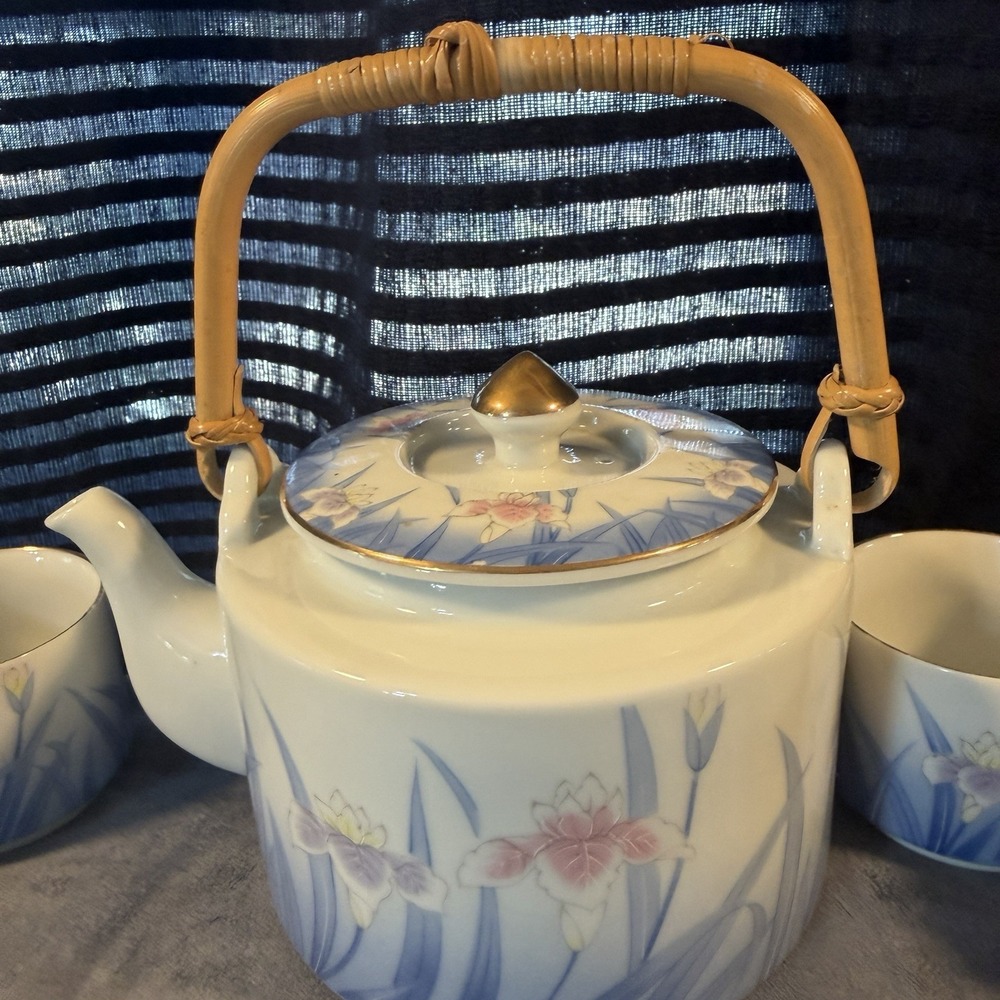 TEAPOT WITH 6 YUNOMI Tea Cups IRIS OTAGIRI OMC Japan Porcelain Flowers Gold Trim - Picture 3 of 14